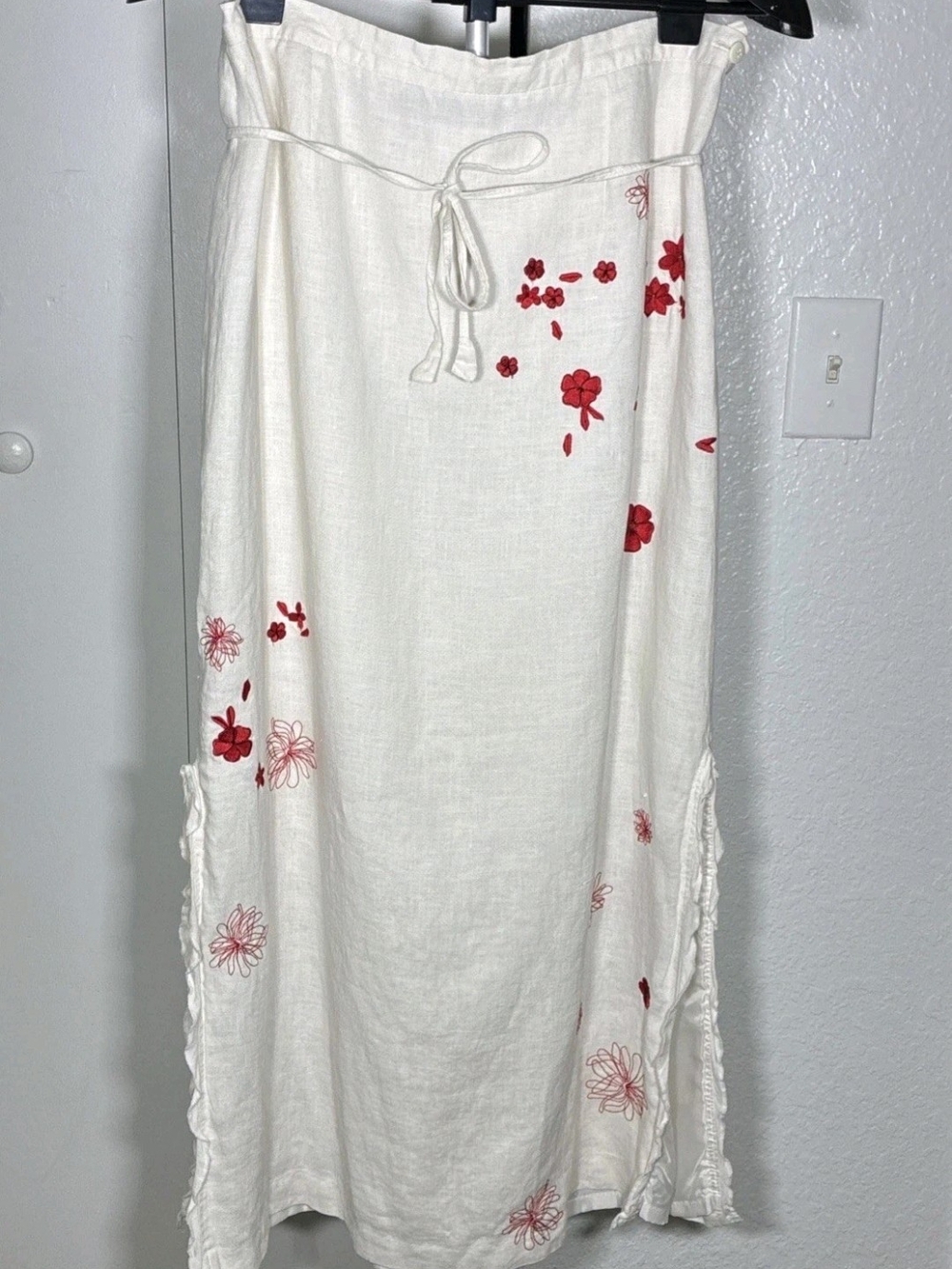 Harve Benard Cream Maxi Skirt with Red Floral Embroidery